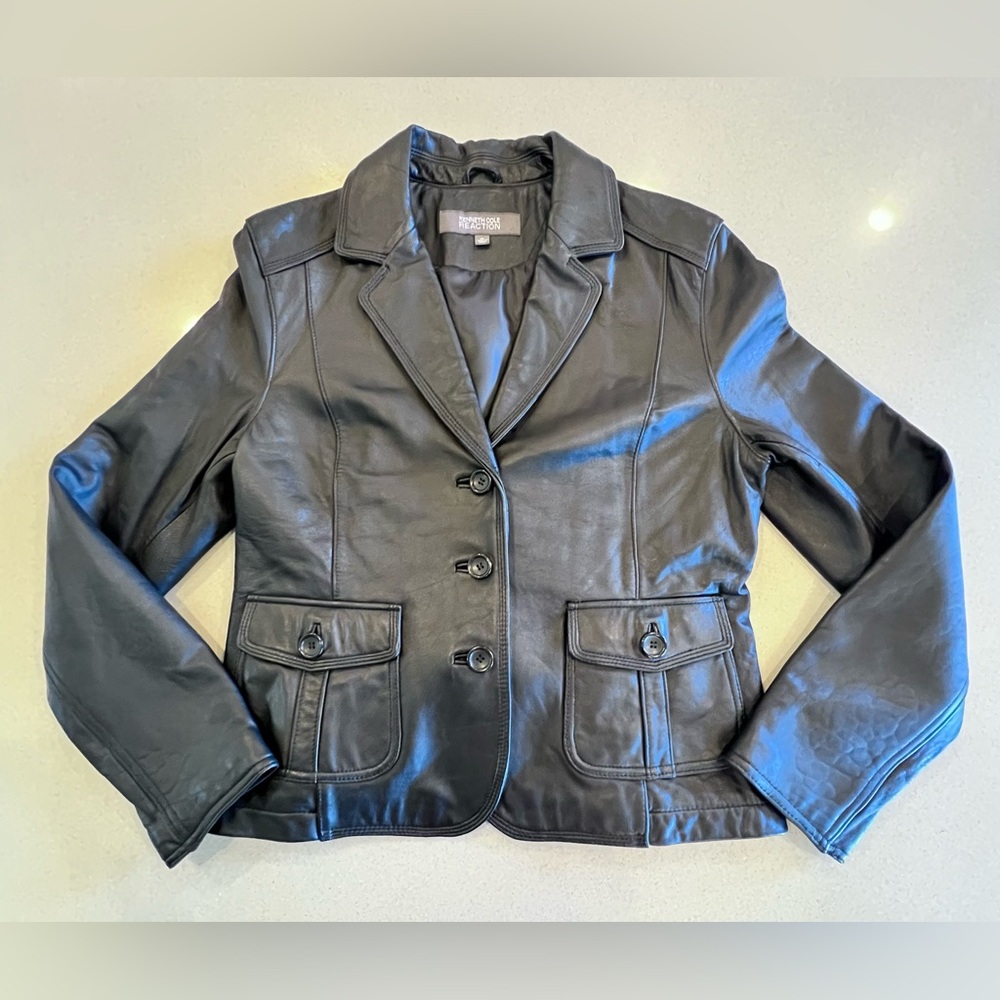 Kenneth Cole Reaction Black Leather Women’s Jacket Sz XL Back Buckle Detail - Picture 7 of 16